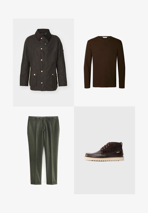 Veste cirée marron avec un col en velours côtelé, des boutons dorés, deux poches frontales et une coupe décontractée. Texture lisse avec une finition légèrement brillante.; Chemise henley marron foncé à manches longues avec col rond et quatre boutons noirs au centre devant.; Pantalons vert foncé en tissu texturé, dotés de poches latérales, d'une fermeture à bouton sur le devant et de poignets retroussés pour un look soigné.; Bottine en cuir et daim marron foncé avec une semelle crantée beige et un laçage à trois œillets sur fond blanc.