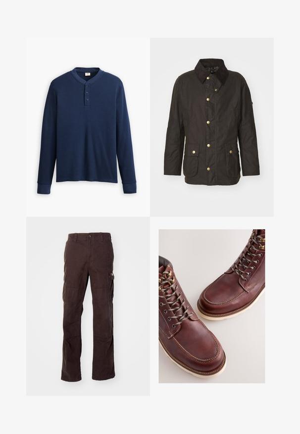 Braune gewachste Jacke mit einem Cordkragen, goldenen Knöpfen, zwei vorderen Taschen und einer lässigen Passform. Glatte Textur mit einem leicht glänzenden Finish.; Langärmliges navyblaues Henley-Shirt aus geripptem Stoff. Mit rundem Ausschnitt und einer Knopfleiste mit drei Knöpfen. Die Bündchen sind schmal geschnitten.; Braune Cargo-Hose aus robustem Baumwollstoff, mit seitlichen Taschen, einer lässigen Passform und geraden Beinen mit sichtbaren Nähten.; Braune Lederstiefel mit einer glatten Oberfläche, ausgestattet mit Metallösen, grauen Schnürsenkeln und einer cremefarbenen Gummisohle. Nahtdetail entlang der Kanten.