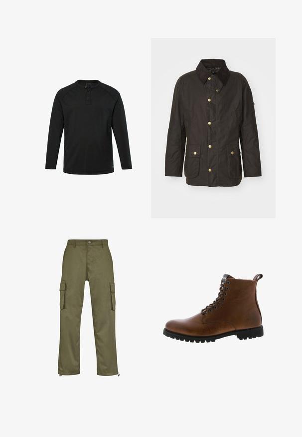 Braune gewachste Jacke mit einem Cordkragen, goldenen Knöpfen, zwei vorderen Taschen und einer lässigen Passform. Glatte Textur mit einem leicht glänzenden Finish.; Schwarzes Langarm-Henley-Shirt mit drei Knöpfen und Rundhalsausschnitt, schlichte Gestaltung und gerader Saum.; Olivgrüne Cargo-Hosen mit geradem Schnitt, zwei Seitentaschen und Reißverschlüssen an den Bündchen. Hergestellt aus strapazierfähigem Material.; Braune Lederstiefeletten mit strukturiertem Finish, metallischen Ösen und schwarzer Gummisohle. Mit Zuglasche hinten für einfaches An- und Ausziehen.