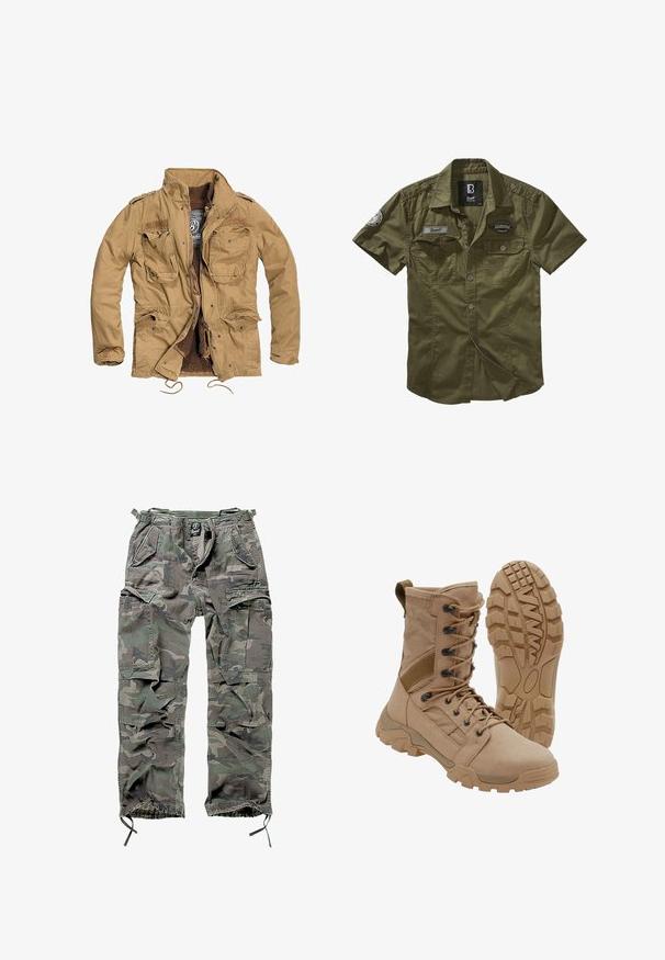 Veste kaki avec fermeture éclair à l'avant, quatre poches avant et doublure texturée. Dispose d'un col montant et d'un cordon de serrage ajustable à l'ourlet.; Chemise olive verte à manches courtes en mélange de coton. Dotée de deux poches poitrine, d'une fermeture à boutons et de patches sur les épaules. Texture lisse.; Pantalons cargo camouflage en vert et gris, avec plusieurs poches, une taille élastique, des poignets de cheville ajustables et une coupe décontractée.; Botte tactique beige avec un lacet montant à la cheville et une semelle en caoutchouc robuste, une botte debout et une montrant le motif de la semelle.