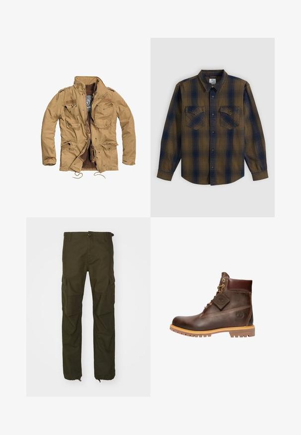 Veste kaki avec fermeture éclair à l'avant, quatre poches avant et doublure texturée. Dispose d'un col montant et d'un cordon de serrage ajustable à l'ourlet.; Chemise boutonnée à manches longues avec motif à carreaux marron et bleu marine et deux poches poitrine boutonnées, posée à plat sur fond blanc.; Pantalons cargo vert olive en tissu durable, avec une fermeture à bouton, plusieurs poches latérales et des poignets élastiques aux chevilles.; Bottine en cuir marron avec un bout rond, une semelle robuste, des éléments en doré et un dessus texturé. Comprend une étiquette de logo attachée.