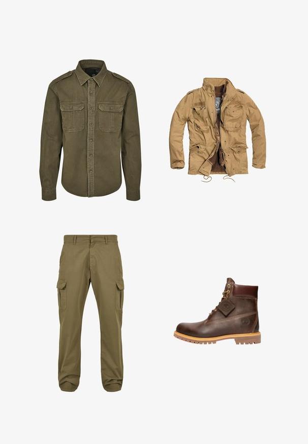 Chaqueta caqui con cremallera frontal, cuatro bolsillos en la parte delantera y forro texturizado. Presenta un cuello alzado y un cordón ajustable en el dobladillo.; Camisa verde oliva de botones hecha de algodón. Cuenta con un cuello, dos bolsillos en el pecho con solapas y hombros estructurados con costuras visibles.; Pantalones cargo verdes con corte recto, de material de algodón, bolsillos laterales y cierre de botón para mayor funcionalidad. Textura suave, diseño casual.; Botín de cuero marrón hasta el tobillo con punta redonda, suela resistente, herrajes en tono dorado y parte superior texturizada. Incluye una etiqueta con el logo adjunta.