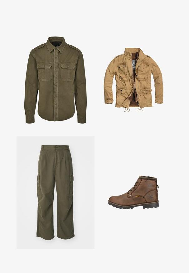 Chaqueta caqui con cremallera frontal, cuatro bolsillos en la parte delantera y forro texturizado. Presenta un cuello alzado y un cordón ajustable en el dobladillo.; Camisa verde oliva de botones hecha de algodón. Cuenta con un cuello, dos bolsillos en el pecho con solapas y hombros estructurados con costuras visibles.; Pantalones cargo en verde oliva, fabricados en algodón, con un diseño de pierna ancha, pliegues y bolsillos laterales para mayor utilidad.; Bota de cuero marrón hasta el tobillo con punta redonda, diseño con cordones, cuello acolchado y suela de goma texturizada. Presenta logotipo y acentos metálicos.