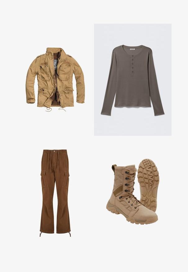 Khakijacke mit einem Reißverschluss vorne, vier Fronttaschen und einem strukturierten Futter. Merkmale sind ein Stehkragen und ein verstellbarer Kordelzug am Saum.; Langärmeliges graues Henley-Shirt mit fünf Knöpfen und rundem Halsausschnitt, dargestellt vor einem schlichten weißen Hintergrund.; Braune Cargohosen mit elastischem Bund, Kordelzug-Details, zwei Seitentaschen und weiteren Beinen mit verstellbaren Säumen.; Brauner taktischer Stiefel mit schnürbarem Knöchel-Design und robuster Gummisohle, ein Stiefel steht aufrecht, der andere zeigt das Profil der Sohle.