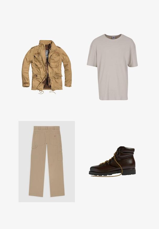 Chaqueta caqui con cremallera frontal, cuatro bolsillos en la parte delantera y forro texturizado. Presenta un cuello alzado y un cordón ajustable en el dobladillo.; Camiseta de manga corta en color beige claro, hecha de un tejido texturizado, con un escote redondo y un corte holgado. Sin patrones ni elementos metálicos visibles.; Pantalones cargo beige con un diseño de pierna recta, múltiples bolsillos y una discreta etiqueta de logo en la parte trasera, fabricados con una resistente mezcla de algodón.; Botas de senderismo de cuero marrón con punta redondeada, superficie texturizada, cordones amarillos y ojales de metal. Cuentan con una suela de goma negra resistente.