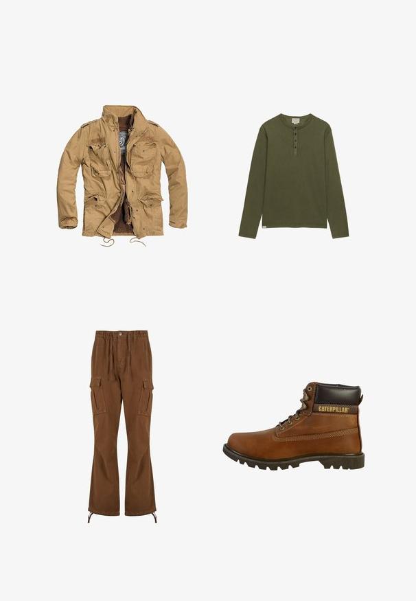 Chaqueta caqui con cremallera frontal, cuatro bolsillos en la parte delantera y forro texturizado. Presenta un cuello alzado y un cordón ajustable en el dobladillo.; Camisa henley de manga larga en verde oliva con cuatro botones negros y cuello redondo, mostrada sobre un fondo blanco.; Pantalones cargo marrones con cintura elástica, detalles de cordón, dos bolsillos laterales y piernas más anchas con dobladillos ajustables.; Bota de trabajo marrón de cuero con tobillo alto, suela resistente, ojales metálicos y un acolchado de color marrón oscuro en el collar. Cuenta con la marca "Caterpillar".