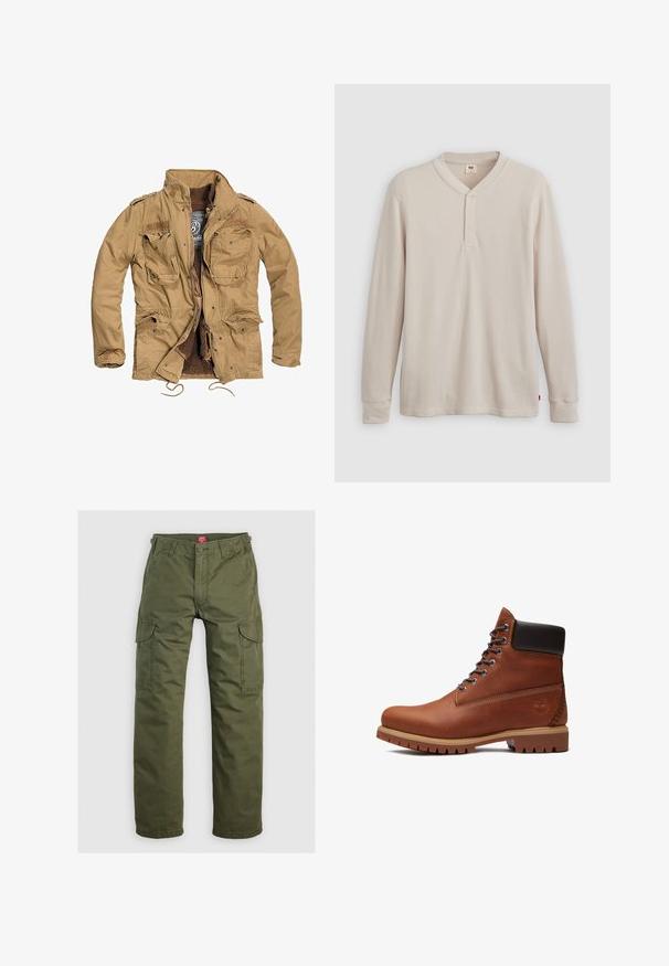 Khaki jas met een ritssluiting aan de voorkant, vier voorzakken en een gestructureerde voering. Beschikt over een staand kraag en een verstelbare trekkoord aan de onderkant.; Lange mouwen henley-shirt in lichtbeige ribbelstof, met een V-hals, een drieknoopsluiting en manchetten. Rode logo-label aan de onderkant.; Olijfgroene cargobroek gemaakt van duurzame stof, met zijzakken, een knoopsluiting en een rechte pijpdesign.; Bruine leren veterlaars met zwarte gewatteerde kraag, dikke beige zool en geperst boomlogo aan de hielkant.
