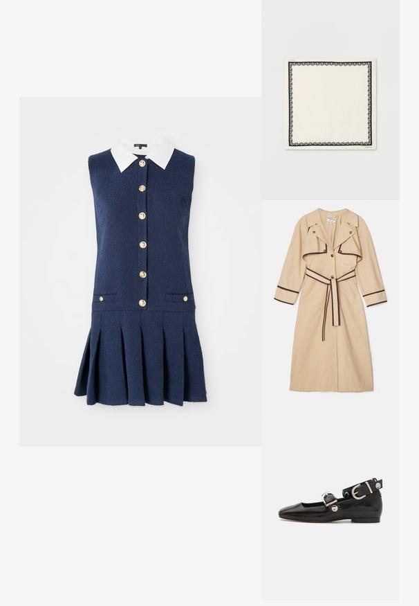 Beige trenchcoat met donkerbruine accenten, voorzien van een dubbelzijdige voorkant, brede kraag en een gestrikt tailleband. Lange mouwen en een middellange uitstraling.; Navy mouwloos jurkje met een witte kraag, voorzien van een knopenlijst, twee zijzakken en een geplooid rokontwerp. Getextureerde stof.; Zwarte gepatineerde leren platte schoen met een vierkante neus, enkelband met zilverkleurige hardware en platte zool. Gladde textuur met minimalistisch ontwerp.; Crèmekleurige vierkante sjaal met een zwart abstract lusvormig randontwerp.