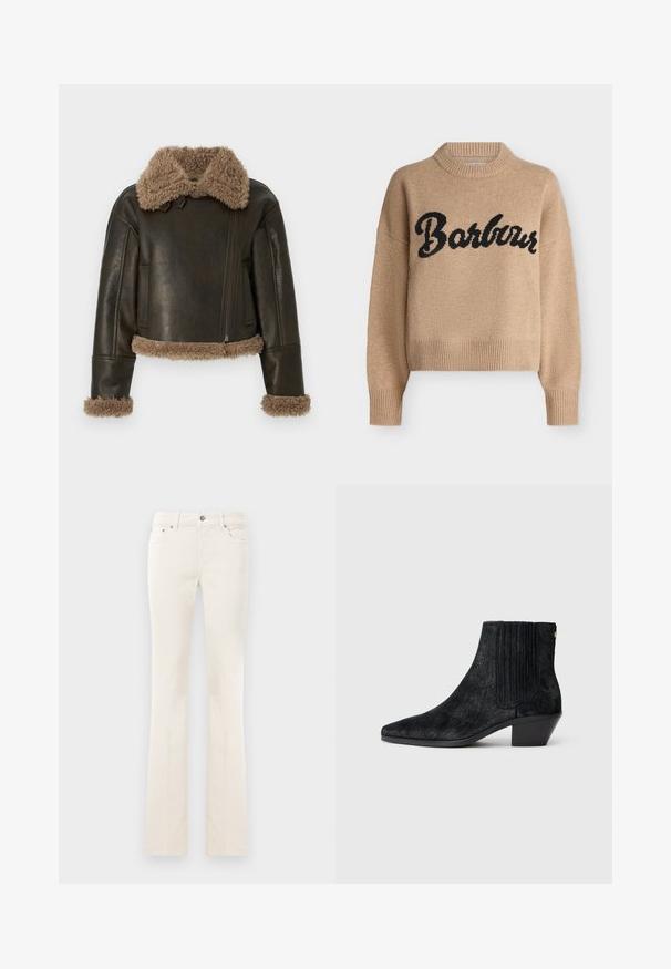 Veste en cuir marron avec un col et des poignets beiges duveteux, dotée d'une fermeture éclair et d'une coupe courte.; Pull beige en maille avec col rond, poignets et ourlet côtelés, avec un grand texte cursif noir "Barbour" sur la poitrine.; Jean blanc à jambes droites avec bouton avant et poches, présenté sur un fond blanc uni.; Bottine noire à bout pointu, en matériau texturé imitant les cheveux, avec un panneau latéral à nervures et un petit talon carré. Un design simple et moderne.