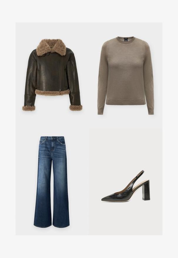Veste en cuir marron avec un col et des poignets beiges duveteux, dotée d'une fermeture éclair et d'une coupe courte.; Pull marron à manches longues col rond avec poignets et ourlet côtelés, en tissu maille fine, présenté sur un fond neutre.; Jean à jambes larges en denim bleu foncé, avec une taille haute, un design à cinq poches et un léger délavage avec une texture lisse.; Chaussure slingback en cuir noir à bout pointu avec un talon bloc haut et une doublure intérieure beige sur un fond clair uni.