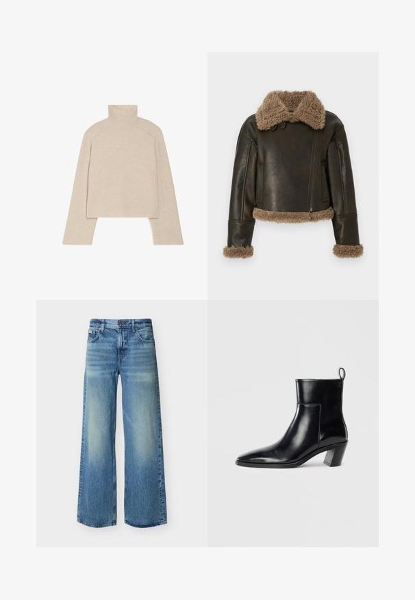 Veste en cuir marron avec un col et des poignets beiges duveteux, dotée d'une fermeture éclair et d'une coupe courte.; Pull col roulé beige à côtes, avec des manches longues et une coupe ajustée, présentant un col haut et un motif de tricot texturé.; Jean large à jambes larges bleu clair avec bouton et fermeture éclair à l'avant, poches avant et arrière, et une subtile décoloration sur les cuisses et les genoux.; Bottine en cuir noir avec un bout pointu, un talon empilé géométrique et une languette à l'arrière. Texture lisse et design épuré.