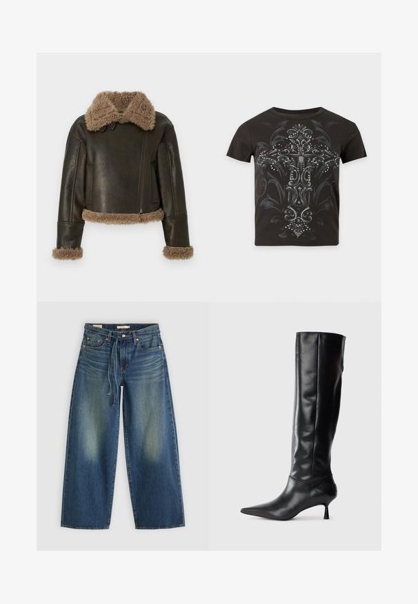Braune Lederjacke mit einem flauschigen beigen Kragen und Manschetten, ausgestattet mit einem Reißverschluss und einem kurzen Schnitt.; Schwarzes kurzärmeliges T-Shirt mit großem verziertem Kreuzdesign in Grau und Silber, vorne mit kleinen Nieten verziert.; Dunkelblaue Denim-Hosen im weit geschnittenen Stil mit einem verwaschenen Design, ausgestattet mit einem Kordelzug am Bund und fünf Taschen.; Schwarze Lederstiefel bis zum Knie mit spitzem Zehenbereich und schmalem, geschwungenem Absatz. Glatte Textur, enganliegendes Design und keine sichtbaren Beschläge oder Muster.