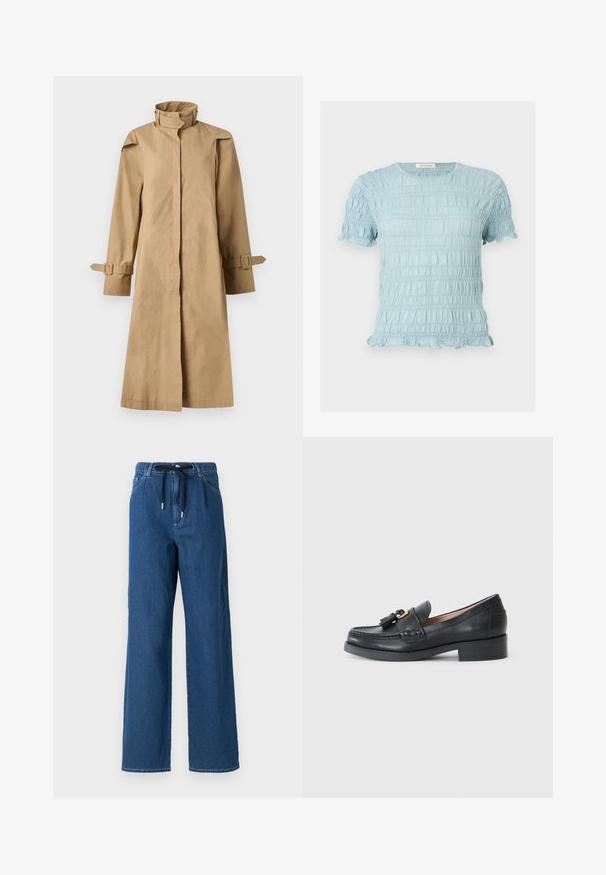 BITE Studios CHET LIGHT - Trenchcoat - barley; Lyseblå bluse med korte ærmer i tekstureret, rynket stof, rund halsudskæring og flæsekant ved ærmer og kant.; Bredde ben mørkeblå denimbukser med snoreliv og forlommer. Stofmet har en glat tekstur med subtile syninger.; Sorte læder loafers med rund tå, dekorative kvaster og en lille hæl. Har synlig syning og en glat overflade.