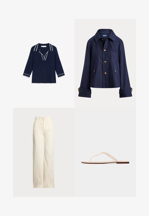 Veste bleu marine à boutons avec col, deux poches avant à rabat, poignets boutonnés et petit détail sur la patte de poitrine.; Haut en maille bleu marine avec un col en V, orné d'un liseré blanc le long du col et des poignets. Manches longues, coupe décontractée, ourlet droit.; Polo Ralph Lauren COTTON CORDUROY WIDE-LEG PANT - Pantalon classique - warm white; Sandale plate beige à fines brides avec une semelle marron, vue de côté sur un fond clair uni.
