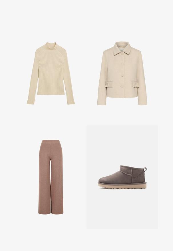 Beige uldblandingsjakke med kravehals, knaplukning og rynkede detaljer på lommerne. Har lange ærmer og en struktureret pasform.; Ribbet strikket langærmet top i off-white med høj krave og slim fit. Har vertikal tekstur og en cropped kant.; Brune, vide strikkede bukser med et tekstureret stof, der har en elastisk talje og en løs pasform for komfort.; Lav brun ruskindssko med lav ankelhøjde, slidstærk sål og træksnor på en ensartet baggrund.
