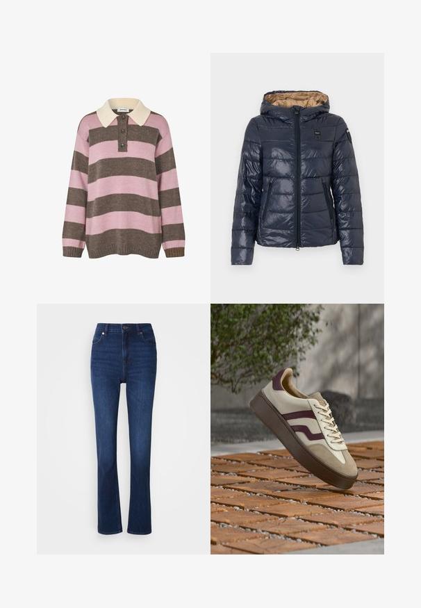 Marineblå quiltet dunjakke med brun inderfor, hætte, lynlås foran og lynlåslommer i siderne.; Strikket pullover i lyserøde og brune striber med en cremet krave, der har tre knapper ved halsen samt ribkant ved ærmerne og kanten.; Jeans i mørkeblå denim med høj talje. Har klassisk fem-lommestil og let flared design forneden.; Beige og brun sneaker med vinrøde striber ophængt over trægulv udendørs, grønt område og betonvæg i baggrunden.