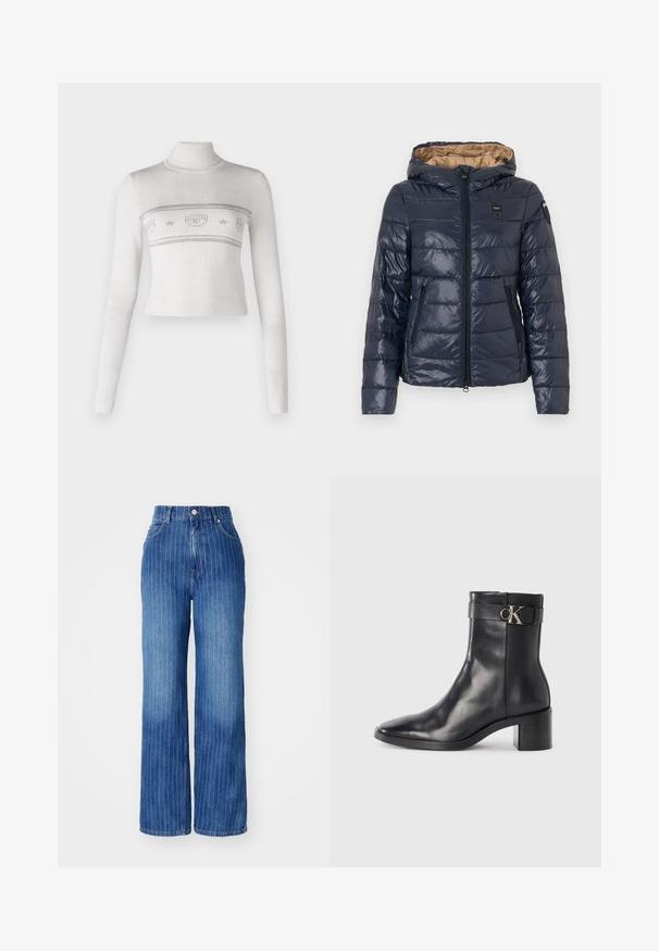 Doudoune matelassée bleu marine avec doublure intérieure marron, capuche, fermeture éclair frontale et poches latérales zippées.; Pull blanc cropped avec un col montant, présentant des motifs en laine argentée et une texture côtelée au niveau de l'ourlet et des poignets.; Jean en denim bleu à jambes larges avec des rayures blanches verticales, taille haute, et design à cinq poches, avec une fermeture à bouton et à glissière.; Botte de cheville en cuir noir avec un bout pointu, un talon carré et une sangle avec un détail de logo métallique. Texture lisse et design minimaliste.