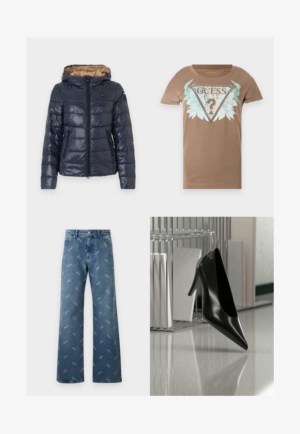 Dunkelblaue, gesteppte Steppjacke mit braunem Innenfutter, Kapuze, Frontreißverschluss und mit Reißverschluss versehene Seitentaschen.; Braunes T-Shirt mit kurzen Ärmeln, großer verzierter Dreieck-Logo, blau-grünen Blättern und "GUESS U.S.A" Schriftzug auf der Vorderseite.; Hellblaue Denim-Jeans im weit geschnittenen Design, mit einem wiederholten 'lala'-Logo-Muster in Weiß und einem klassischen Fünf-Taschen-Stil.; Schwarzer High-Heel-Schuh mit spitzer Zehe und goldem Logo, auf einer reflektierenden Oberfläche nahe einem verchromten Draht-Organizer mit Dokumenten positioniert.