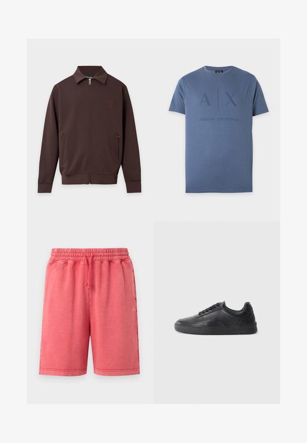 Veste zippée marron foncé avec col, manches longues, deux poches latérales et un logo brodé discret sur la poitrine gauche.; T-shirt bleu à manches courtes et col rond avec A|X et Armani Exchange imprimés en bleu foncé sur le devant.; Shorts décontractés rose corail avec taille élastique et cordon ajustable, deux poches latérales et petit logo blanc sur la jambe droite.; Chaussure de sport en cuir noir avec une finition lisse, bout arrondi, panneau latéral texturé et lacets noirs. Présente une semelle en caoutchouc plate et un design minimaliste.