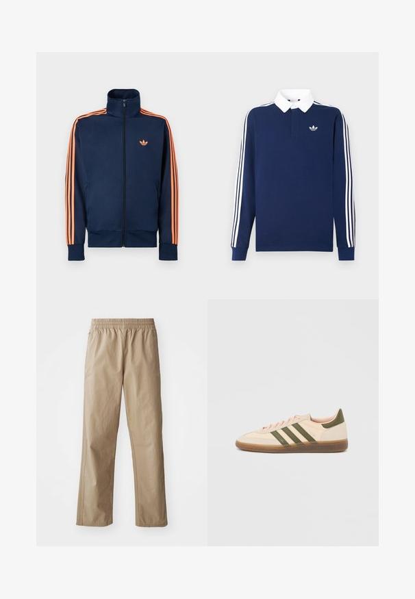 Tumesinist värvi spordijakk täieliku esitasku tõmblukuga, kõrge kaelusega, oranžide triipudega varrukaid pidi ning väike oranž logo rinnal.; Tumesinine pikemate varrukatega polosärk, puuvillane kangas, valge krae, varrukatel kolm klassikalist valget triipu ning väikese logoga rinnal.; Beežid, kerged püksid elastse vöökohaga, sirgete säärte ja küljetaskutega. Sile tekstuur peente õmblusedetailidega.; Madalprofiilne beež Adidas Spezial toss rohelist värvi triipude, kummist tallaga ja "SPEZIAL" brändinguga küljel, nähtav välisküljelt.