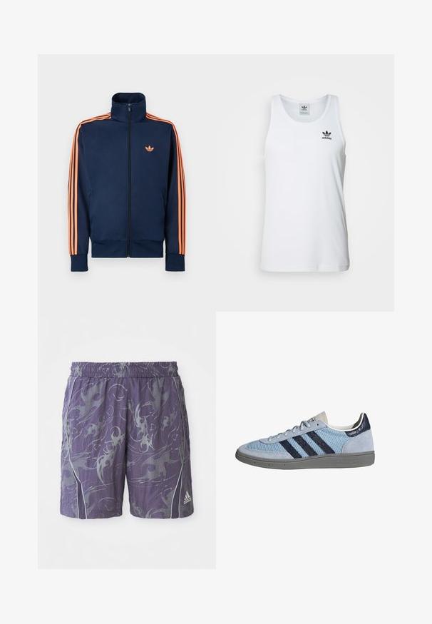 Chaqueta deportiva azul marino con cremallera frontal completa, cuello alto, franjas naranjas a lo largo de las mangas y pequeño logo naranja en el pecho.; Top sin mangas blanco con canalé y escote redondo, logo negro de Adidas en el lado izquierdo del pecho. Material de algodón suave, corte casual.; Pantalones cortos deportivos morados con patrones abstractos plateados, cinturilla elástica, ribetes laterales y logo de Adidas en la parte inferior de la pierna derecha.; Zapatilla Adidas azul claro con rayas azul oscuro, puntera y talón de ante, suela texturizada y cierre de cordones, vista lateral sobre fondo blanco.