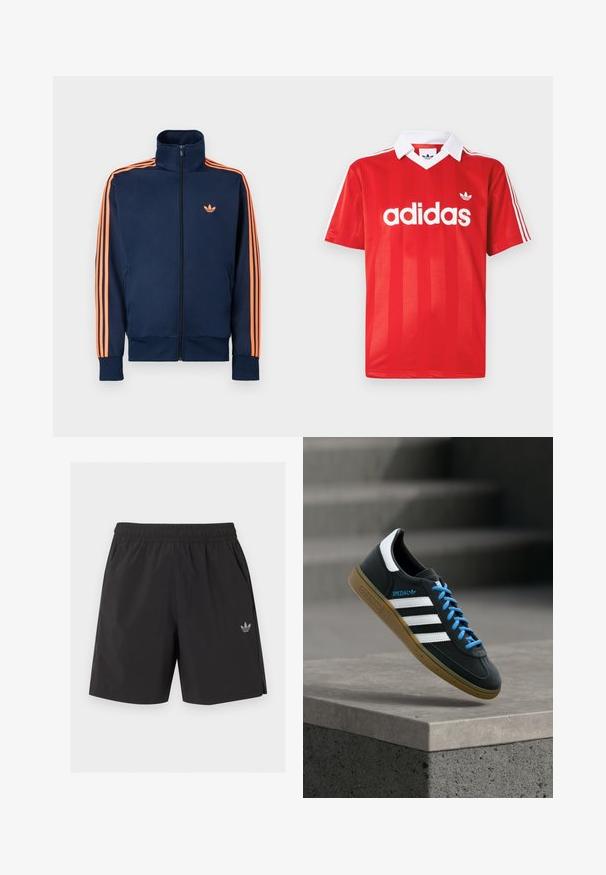 Veste de survêtement bleu marine avec fermeture éclair intégrale à l'avant, col montant, bandes orange le long des manches, et petit logo orange sur la poitrine.; Maillot de sport Adidas rouge avec col blanc, trois bandes blanches sur les manches et logo Adidas centré sur la poitrine.; Short de sport noir à taille élastique avec poches latérales et petit logo Adidas sur la jambe gauche.; Baskets Adidas noires avec des rayures blanches, des lacets bleus et une semelle en gomme flottant au-dessus d'une marche en béton grise sous une lumière douce.
