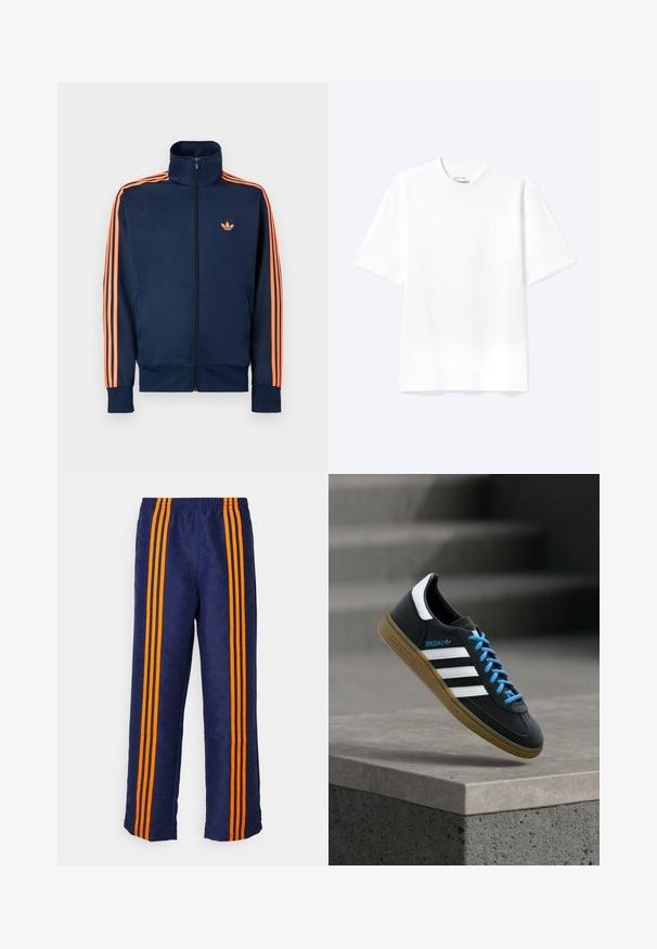 Námornícka modrá športová bunda s úplným predným zipsom, vysokým golierom, oranžovými pruhmi na rukávoch a malým oranžovým logom na hrudi.; Jednoduché biele tričko s krátkym rukávom a okrúhlym výstrihom v uvoľnenom strihu, zobrazené na svetlom pozadí.; Námornícke modré nohavice s celoplošnou vzorovanou textúrou a tromi výraznými oranžovými pruhmi na každej strane. Elastická pásová časť v hornej časti.; Čierna teniska Adidas s bielymi pruhmi, modrými šnúrkami a gumovou podrážkou, ktorá sa vznáša nad sivým betónovým schodom v mäkkom svetle.