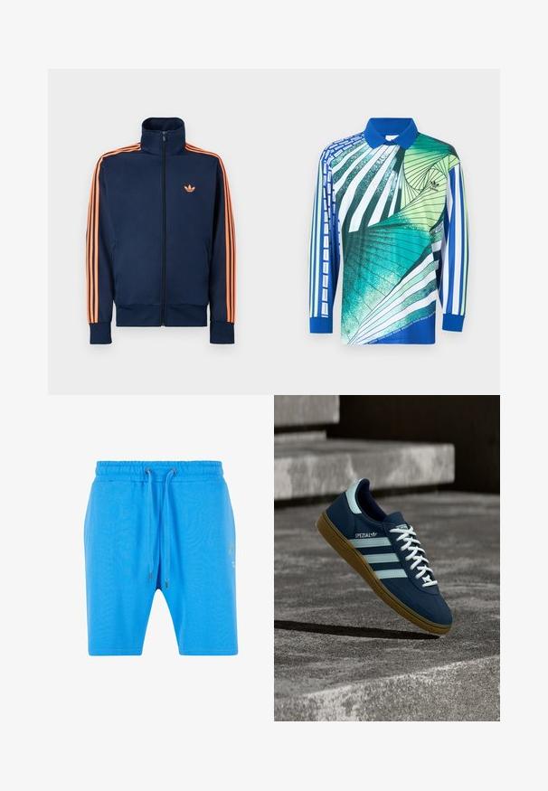 Marineblå sportstrøje med fuld lynlås foran, høj krave, orange striber langs ærmerne og lille orange logo på brystet.; Langærmet polo med blå krave, abstrakte grønne, grønblå, hvide og blå spiral- og stribemønstre, Adidas-logo på brystet.; Blå bomuldsshorts med elastisk talje, snorelukning og diskret grafikdetalje på siden. Glat tekstur og afslappet pasform.; Blå Adidas Spezial sneaker med hvide striber og snørebånd, gummisål, svævende over en ru betongoverflade og trin i baggrunden.