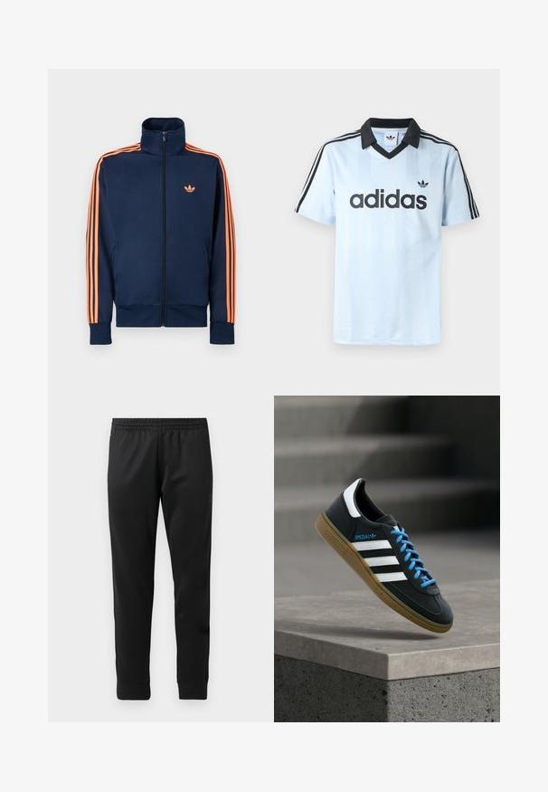 Marineblaue Trainingsjacke mit durchgehendem Frontreißverschluss, hohem Kragen, orangenen Streifen entlang der Ärmel und kleinem orangenen Logo auf der Brust.; Hellblaues Sporttrikot mit schwarzem Kragen, das vertikale Streifen und drei schwarze Streifen auf jedem Ärmel zeigt. "adidas"-Logo in Schwarz.; Schwarze Sporthosen aus glattem Stoff, mit einem elastischen Bund, schmal zulaufenden Beinen und gerippten Bündchen an den Knöcheln.; Schwarzer Adidas-Sneaker mit weißen Streifen, blauen Schnürsenkeln und Gummisohle, der über einer grauen Betontreppe im weichen Licht schwebt.