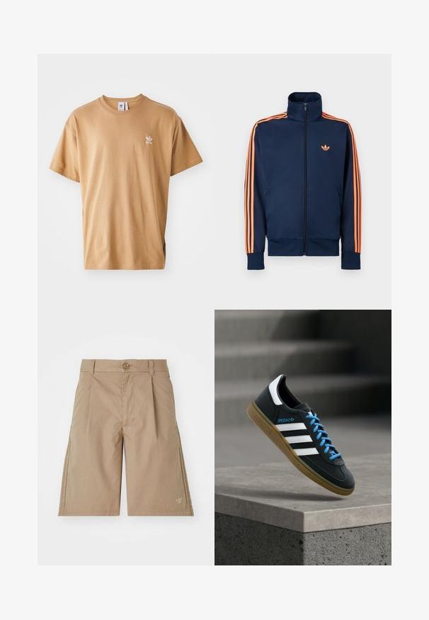 Marineblaue Trainingsjacke mit durchgehendem Frontreißverschluss, hohem Kragen, orangenen Streifen entlang der Ärmel und kleinem orangenen Logo auf der Brust.; Braunes Baumwoll-T-Shirt mit Rundhalsausschnitt und kurzen Ärmeln. Mit kleinem weißem Adidas-Logo auf der linken Brust. Weicher Stoff, lässige Passform.; Beige Baumwollshorts mit geradem Schnitt, vorderen Falten und einem einzigen Knopfverschluss. Mit einem dezenten Logo auf der unteren linken Seite.; Schwarzer Adidas-Sneaker mit weißen Streifen, blauen Schnürsenkeln und Gummisohle, der über einer grauen Betontreppe im weichen Licht schwebt.