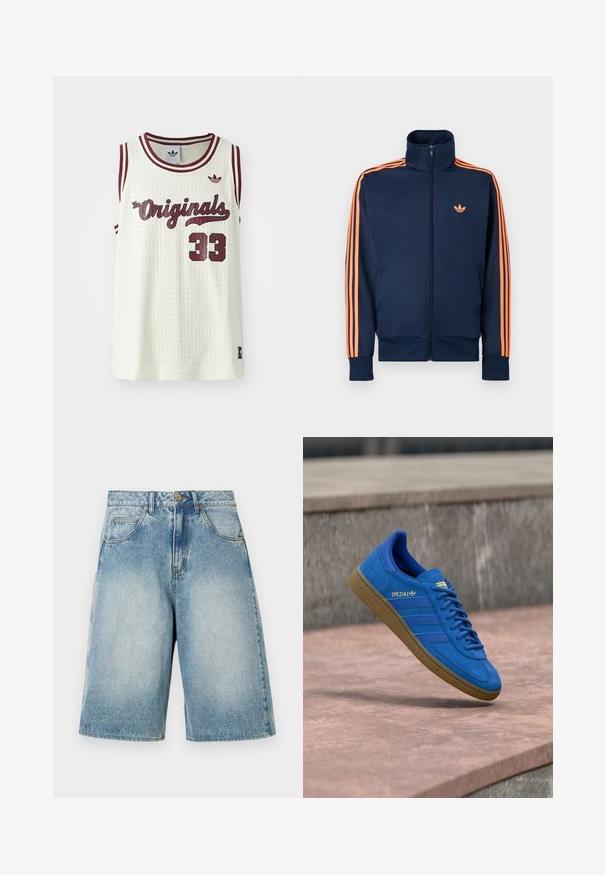 Tumesinist värvi spordijakk täieliku esitasku tõmblukuga, kõrge kaelusega, oranžide triipudega varrukaid pidi ning väike oranž logo rinnal.; Valge võrkkangas sansleeve jersey maroon aktsentidega, tekstiga "The Originals", number 33 ja väike logo vasakul rinnal.; Hele sinised teksapüksid, millel on lõdva lõikega viiepunktiline disain ja tuhmunud viimistlus. Omavad nööpviimistlust ja vöökriipse.; Sinine Adidas Spezial toss kummist tallaga, paelad seotud, ripub sileda kivipinna kohal halli betoonseina lähedal.