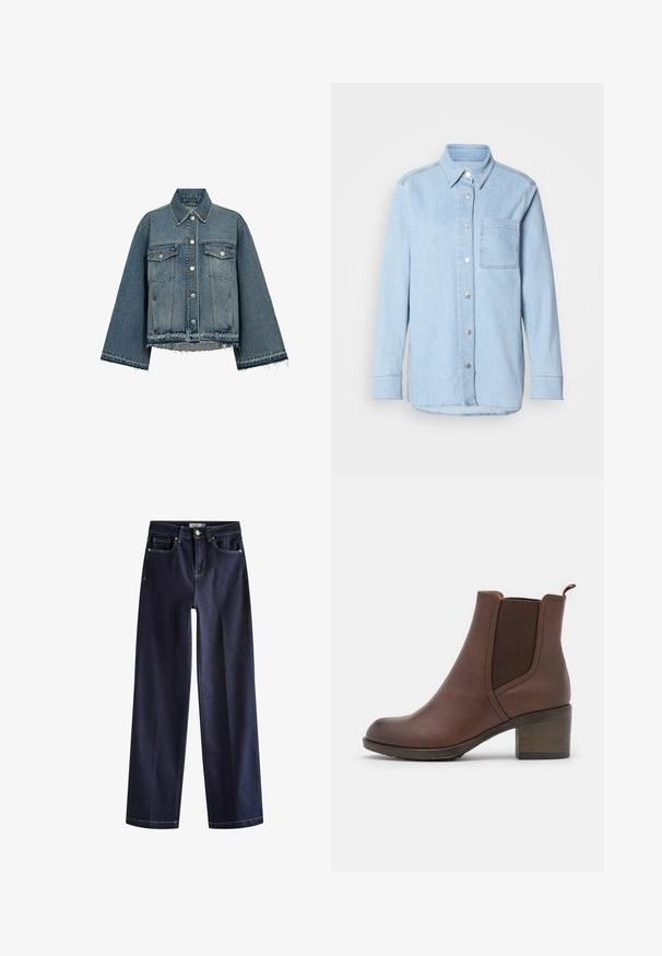 Veste en denim de couleur bleu clair, dotée d'un col, de manches longues, de fermetures à boutons, de deux poches poitrine et d'un détail d'ourlet effiloché.; Chemise en denim bleu clair avec un devant à boutons, un col pointu, une poche poitrine unique et des manches longues avec des poignets à boutons.; Next Jean droit - rinse blue; Bottine en cuir marron, avec une finition lisse, des panneaux latéraux élastiques, un bout arrondi et un talon en bois modéré.