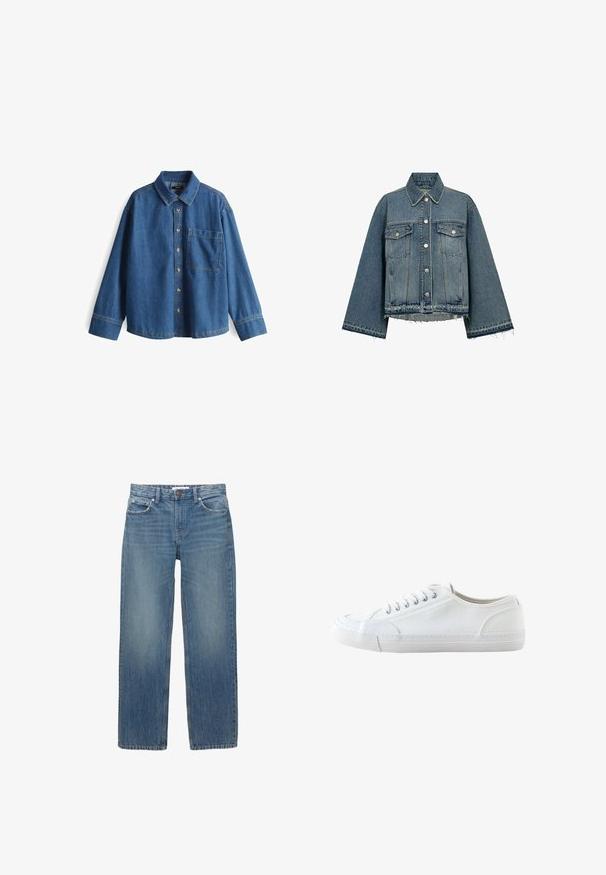 Jeansjacke in Hellblau mit Kragen, langen Ärmeln, Knopfverschluss, zwei Brusttaschen und fransigem Saum.; Jeanshemd, hellblau, langärmlig, Knopfleiste vorne, Kragen, eine Brusttasche, kontrastierende Nähte und ein lässiger Schnitt.; Hellblaue Jeans aus Denim mit geradem Schnitt, fünf Taschen und Beschlägen in Kupferfarbe. Der Stoff hat eine leichte Ausbleichung und eine glatte Textur.; Weißer niedriger Canvas-Sneaker mit weißen Schnürsenkeln und Gummisohle, von der Seite auf weißem Hintergrund dargestellt.