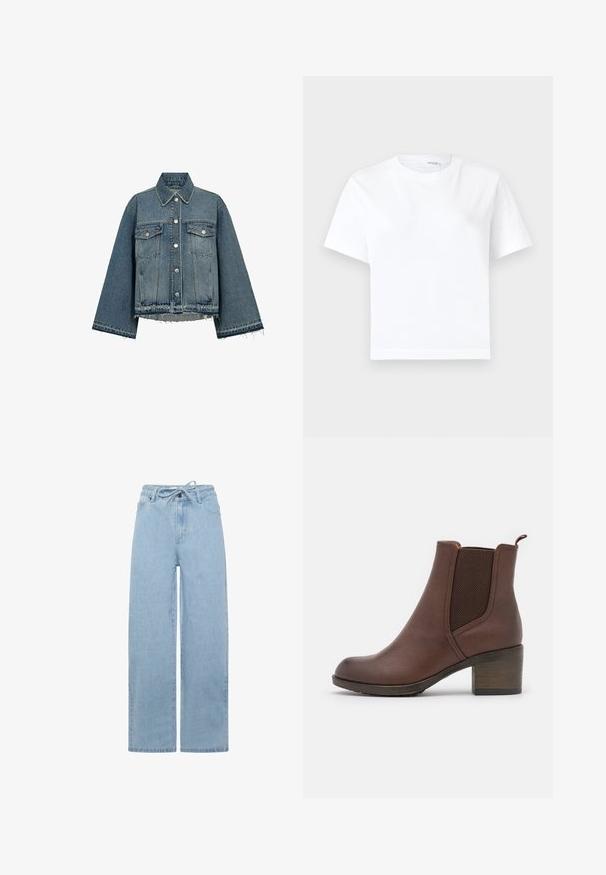 Denimjakke i lyseblå farve, med krave, lange ærmer, knaplukning, to brystlommer og frynsekanter.; Hvid kortærmet bomuld t-shirt med rund halsudskæring og lige kant, vist på en hvid baggrund.; Lyseblå vidde jeans lavet af denim, med en snoretræk i taljen og et standard fem-lomme design. Stoffet har en glat tekstur.; Brun læder ankelstøvle med en glat finish, elastiske sidepaneler, en rund tå og en moderat træhæl.