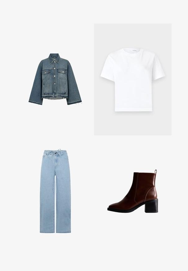 Denimjakke i lyseblå farve, med krave, lange ærmer, knaplukning, to brystlommer og frynsekanter.; Hvid kortærmet bomuld t-shirt med rund halsudskæring og lige kant, vist på en hvid baggrund.; Lyseblå vidde jeans lavet af denim, med en snoretræk i taljen og et standard fem-lomme design. Stoffet har en glat tekstur.; Brun læder ankelstøvle med firkantet tå og sidesøm, en 7,5 cm stablet hæl og en trækflap bagpå for nem påtagning.