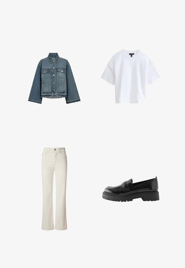 Spijkerjasje, lichtblauwe kleur, met een kraag, lange mouwen, knoopsluitingen, twee borstzakken en een rafelige zoom.; Effen witte cropped T-shirt met korte mouwen, een ronde hals en een zwart merkembleem aan de binnenkant van de kraag.; Witte flared jeans van denim. Heeft een hoge taille, vijf zakken en een metalen knoopsluiting. Glad oppervlak zonder zichtbare patronen.; Zwarte lakleren loafers hebben een laag platformzool met een robuuste profiel en een gestikte detail over de middenvoet.