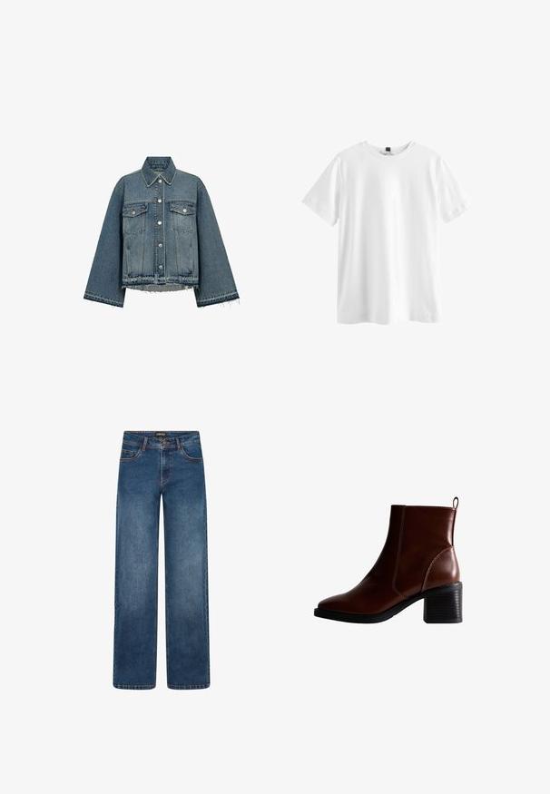 Veste en denim de couleur bleu clair, dotée d'un col, de manches longues, de fermetures à boutons, de deux poches poitrine et d'un détail d'ourlet effiloché.; T-shirt blanc uni à manches courtes et col rond avec une étiquette noire à l’intérieur du col, présenté à plat sur un fond blanc.; Jean en denim à jambes larges, de couleur bleu moyen. Comprend cinq poches, fermeture par bouton et fermeture éclair, et coutures doubles. Tissu durable.; Bottine en cuir marron avec un bout carré et des coutures sur le côté, un talon empilé de 7,5 cm, et une languette au dos pour un enfilage facile.
