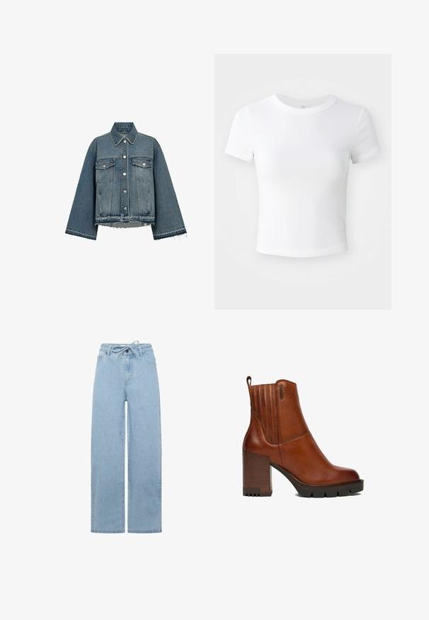 Denimjakke i lyseblå farve, med krave, lange ærmer, knaplukning, to brystlommer og frynsekanter.; Simpel hvid kortærmet cropped t-shirt med rund halsudskæring, præsenteret på en neutral lys baggrund.; Lyseblå vidde jeans lavet af denim, med en snoretræk i taljen og et standard fem-lomme design. Stoffet har en glat tekstur.; Brun læderankelstøvle med chunky stablet hæl, rillede sorte såler, lodret syning og en træksnor bagpå.