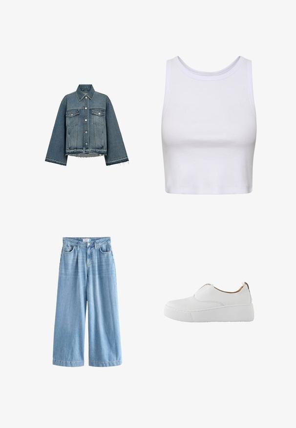 Denimjakke i lyseblå farve, med krave, lange ærmer, knaplukning, to brystlommer og frynsekanter.; Hvid crop-top lavet af ribbet stof, med en rund halsudskæring og ærmeløs design samt en figursyet silhuet. Ingen mønstre eller detaljer.; Lyseblå denim palazzo jeans med brede ben, der har høj talje, frontlommer og knaplukning. Diskret falmet tekstur.; Hvid slip-on sneaker med tyk platformsål og rundet tå, designet til afslappet brug.