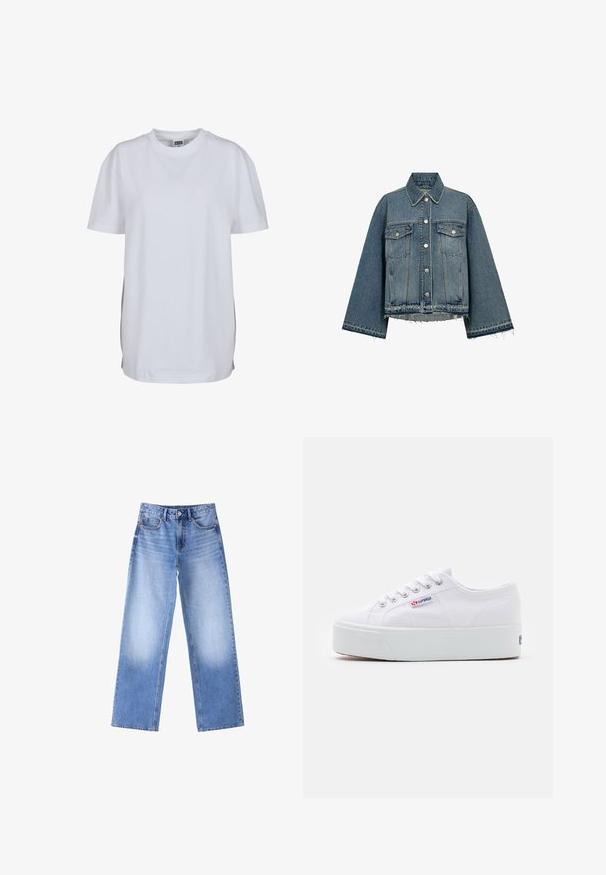 Veste en denim de couleur bleu clair, dotée d'un col, de manches longues, de fermetures à boutons, de deux poches poitrine et d'un détail d'ourlet effiloché.; T-shirt blanc uni à manches courtes avec col rond, ourlet droit et petite étiquette de marque visible à l'intérieur du col.; Jean en denim bleu taille haute, jambes larges et droites, avec des zones délavées sur les cuisses, boutonnière avant et poches sur fond blanc.; Baskets en toile blanches avec une épaisse semelle plateforme blanche, bout rond et œillets en métal pour les lacets. Logo de la marque affiché sur le côté.