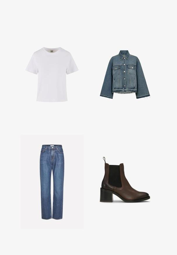 Veste en denim de couleur bleu clair, dotée d'un col, de manches longues, de fermetures à boutons, de deux poches poitrine et d'un détail d'ourlet effiloché.; T-shirt en coton blanc à manches courtes, avec un col rond et une coupe droite. Texture lisse, design simple, sans motifs ni accents visibles.; Jean en denim bleu clair avec une coupe droite, présentant une fermeture à bouton, un style à cinq poches et un léger dégradé sur le tissu.; Bottes cheville en cuir marron avec panneaux latéraux élastiques, talon bloc, texture lisse et languette à l'arrière pour un enfilage facile.