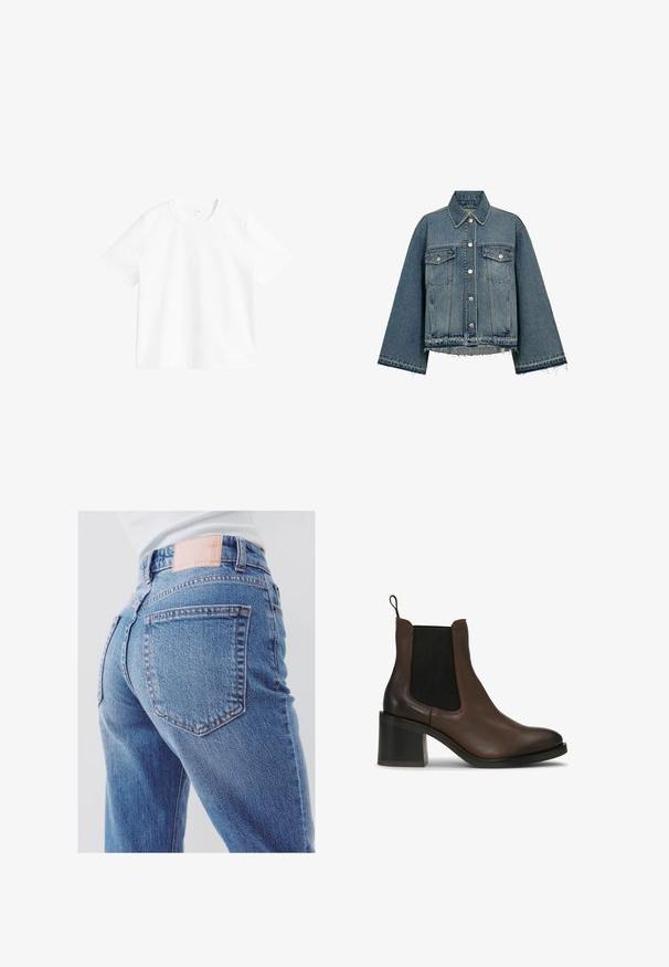 Veste en denim de couleur bleu clair, dotée d'un col, de manches longues, de fermetures à boutons, de deux poches poitrine et d'un détail d'ourlet effiloché.; T-shirt blanc uni à manches courtes et col rond exposé sur un fond blanc, montrant la vue de face et des détails de couture minimaux.; Gros plan d'une personne portant un jean en denim bleu et un haut blanc, montrant la poche arrière et la zone de la ceinture.; Bottes cheville en cuir marron avec panneaux latéraux élastiques, talon bloc, texture lisse et languette à l'arrière pour un enfilage facile.