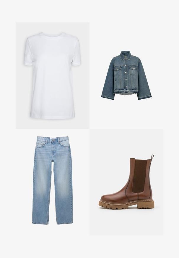 Spijkerjasje, lichtblauwe kleur, met een kraag, lange mouwen, knoopsluitingen, twee borstzakken en een rafelige zoom.; Effen wit T-shirt met korte mouwen en ronde hals, normale pasvorm en een klein label aan de binnenkant van de hals met de tekst "SELECTED FEMME."; Lichtblauwe denim jeans met een recht model, vijf zakken en zichtbare stiksels. De stof heeft een zachte, iets vervaagde textuur.; Bruine leren enkelboot met elastische panelen en een trekomed. Kenmerkt zich door een robuuste rubberen zool en zichtbare stiksels langs de randen.