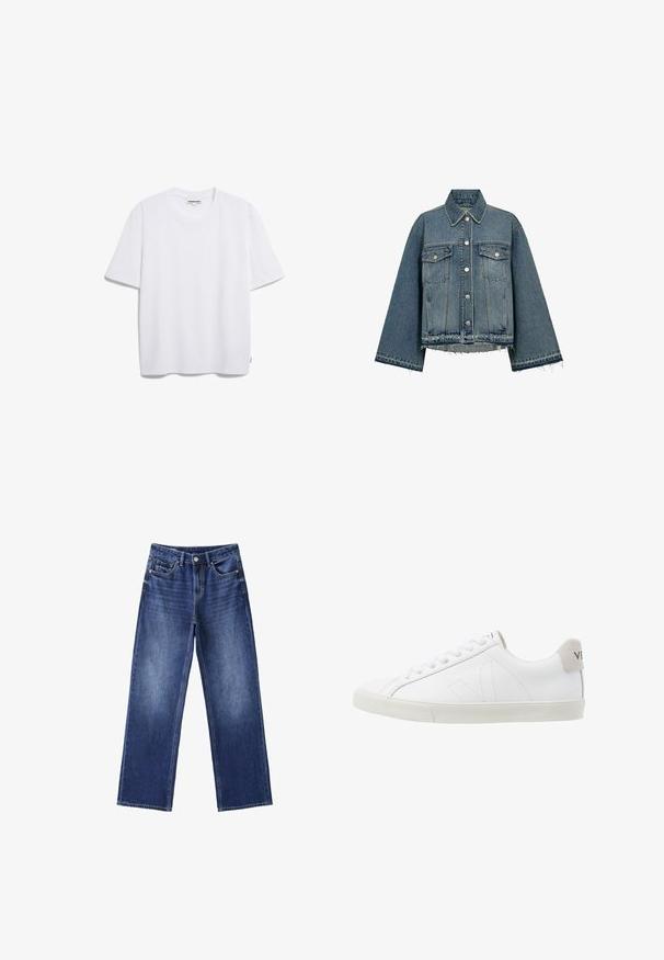 Denimjakke i lyseblå farve, med krave, lange ærmer, knaplukning, to brystlommer og frynsekanter.; Hvid bomulds t-shirt med korte ærmer, rund halsudskæring og en afslappet pasform. Ingen synlige mønstre eller logoer. Glat tekstur.; Blå denimjeans med vide ben, forreste knap og lynlås, bæltestropper og fem lommer på en hvid baggrund.; Hvide lædersneakers med en struktureret off-white gummi sål. Funktioner inkluderer snørebånd, diskrete sømme og en grå ruskindsdetalje ved hælen.