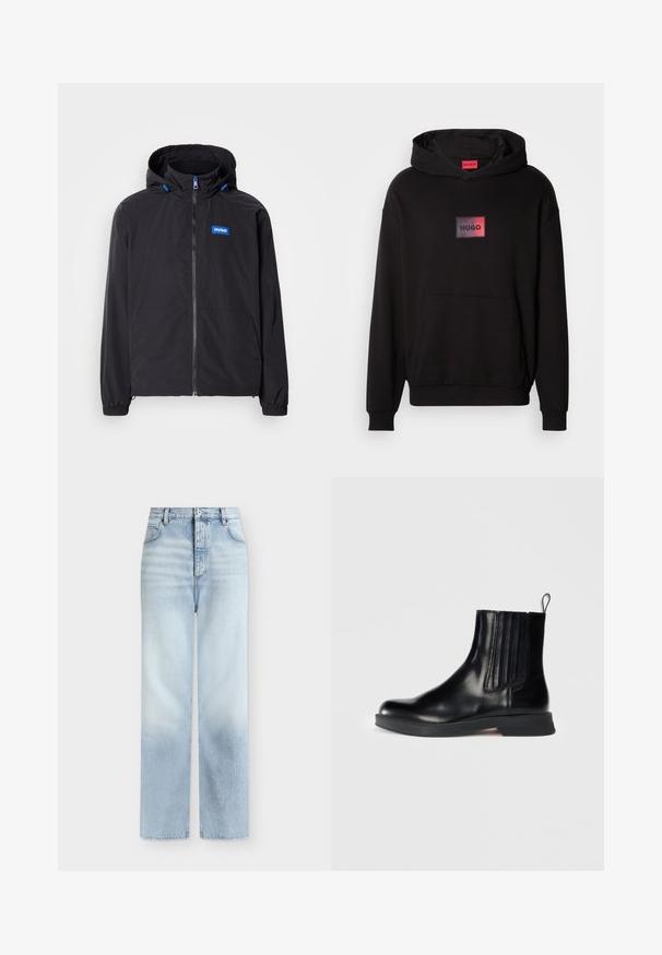 Schwarze leichte Jacke mit Kapuze, Frontreißverschluss, zwei Taschen und blauem Logo. Verfügt über elastische Bündchen und Kordelzugsdetails an der Kapuze.; Schwarzer Hoodie aus weichem Stoff, mit einer vorderen Kängurutasche und einem rechteckigen Logo in Rot und Schwarz auf der Brust.; Hellblaue, hoch taillierte Jeans mit geradem Bein, Fronttaschen, Gürtelschlaufen und einem Knopfverschluss.; Schwarze Lederstiefelette mit elastischen Seiteneinsätzen, runder Zehenpartie, niedrigem Blockabsatz und Zuglasche. Verfügt über eine glänzende Textur und ein elegantes Design.