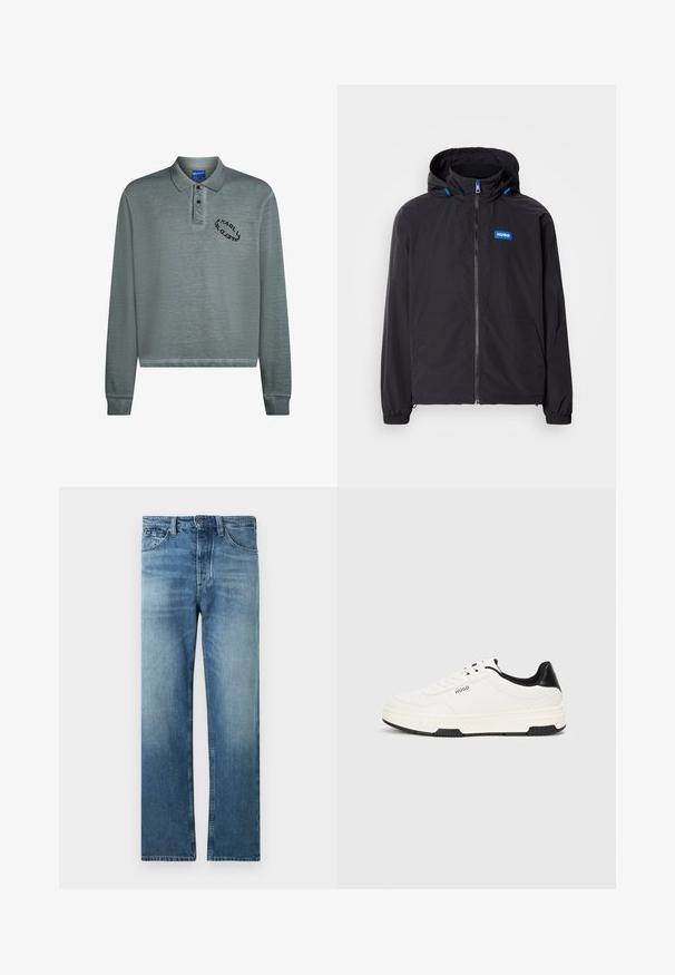 Sort letvægtsjakke med hætte, frontlynlås, to lommer og blåt logo. Har elastiske manchetter og snoredetaljer på hætten.; Langærmet polo i dæmpet teal med ribbet krave og manchetter. Sort logo broderi på brystet. Blødt, struktureret stof.; Mellemblå jeans med lige ben, let falmede og med klassisk fem-lomme design, knaplukning og bæltestropper.; Hvide sneakers med sort hæl og accenter, øverste del i tekstureret stof, gummisål og flade snørebånd. Har logo på siden.