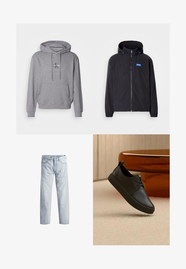 Schwarze leichte Jacke mit Kapuze, Frontreißverschluss, zwei Taschen und blauem Logo. Verfügt über elastische Bündchen und Kordelzugsdetails an der Kapuze.; Grauer Pullover Hoodie aus Baumwollmischung, mit Kängurutasche, Kapuze mit Kordelzug und gesticktem Calvin Klein Logo auf der Brust.; Hellblaue Denim-Jeans mit geradem Bein, Knopfleiste, fünf Taschen und subtilen Verwaschungen. Mit metallischen Hardware-Details ausgestattet.; Schwarzer Freizeit-Sneaker aus Leder mit Schnürsenkeln, schwebt über einem beigen Teppich, im Hintergrund ein bernsteinfarbenes, rundes Glastisch.