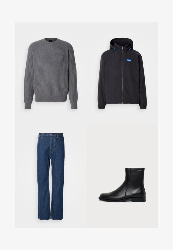 Chaqueta negra ligera con capucha, cremallera frontal, dos bolsillos y logotipo azul. Cuenta con puños elásticos y detalles de cordón ajustable en la capucha.; Suéter de punto acanalado gris de manga larga con cuello redondo y puños acanalados, presentado sobre un fondo blanco liso.; Jeans de denim azul con un diseño de pierna recta, que cuentan con una bragueta de botones, cinco bolsillos y costuras de contraste a lo largo de las costuras.; Botín negro de cuero con tacón bajo, costura lateral y pequeño logo "HUGO" en el puño superior sobre un fondo liso.