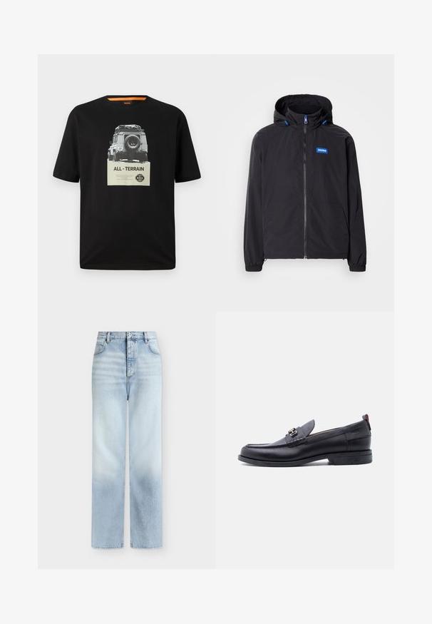 Chaqueta negra ligera con capucha, cremallera frontal, dos bolsillos y logotipo azul. Cuenta con puños elásticos y detalles de cordón ajustable en la capucha.; Camiseta de algodón negra con cuello redondo, que presenta una impresión gráfica de un vehículo clásico y el texto "TODOTERRENO" en el pecho.; Vaqueros azul claro de talle alto y pierna recta con bolsillos delanteros, trabillas para cinturón y cierre de botón.; Mocasín de cuero negro con empeine gris texturizado, detalle de hebilla metálica plateada, tacón bajo y lengüeta para tirar en la parte trasera.
