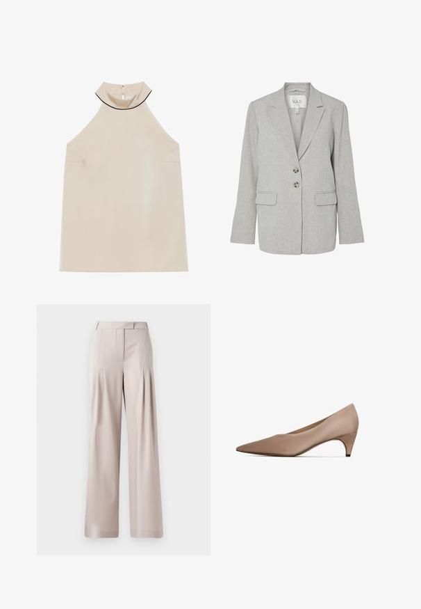 Lichtgrijze linnen blazer met ingesneden revers, twee knopen aan de voorkant, klepzakken en een getailleerde pasvorm.; Beige mouwloze haltertop van gladde stof met een hoge kraag en een rits aan de achterkant, met een minimalistisch ontwerp en geen zichtbare patronen.; Beige wijde broek met een zachte textuur, geplooide voorkant en een op maat gemaakte tailleband. Geschikt voor formele of casual gelegenheid.; Beige puntige pumps met een elegante satijnen afwerking en een 3 cm hoge, schuin aflopende hak. Het ontwerp kenmerkt zich door vloeiende lijnen en minimale details.
